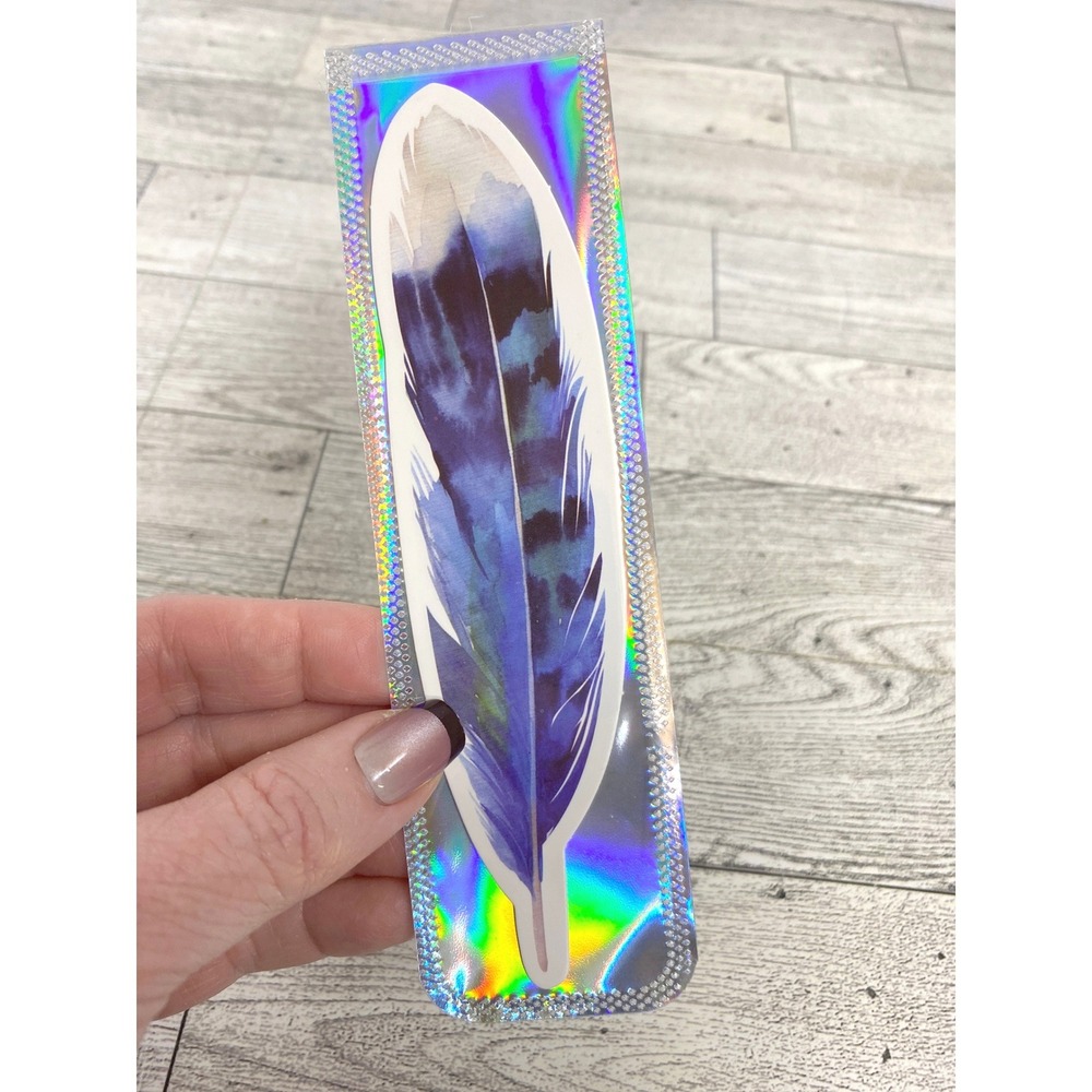Bookmark Watercolor Blue Jay Feather Die Cut in Holographic Sleeve Boho Bookish